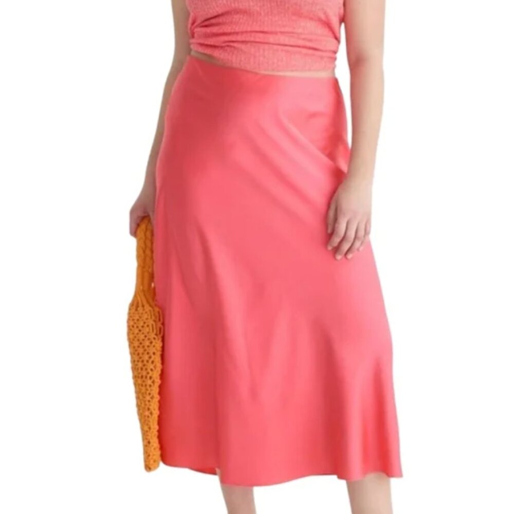 J. Crew Gwyneth Slip Skirt Midi Length Florescent Neon Pink - Size L - Picture 2 of 6